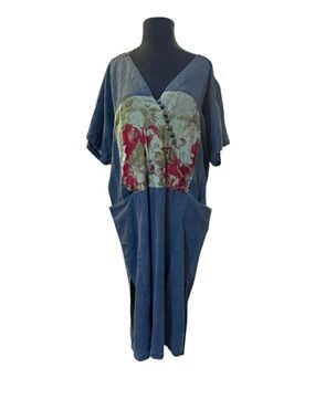 Y2K Oversized Lagenlook Tunic Dress Patchwork Floral Pocket Midi Sz L Indie Boho